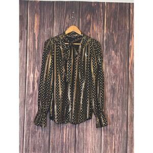 IMAN Blouse Womens M Black Gold Metallic Tie Neck Long Sleeve Ruffle Cuff Top